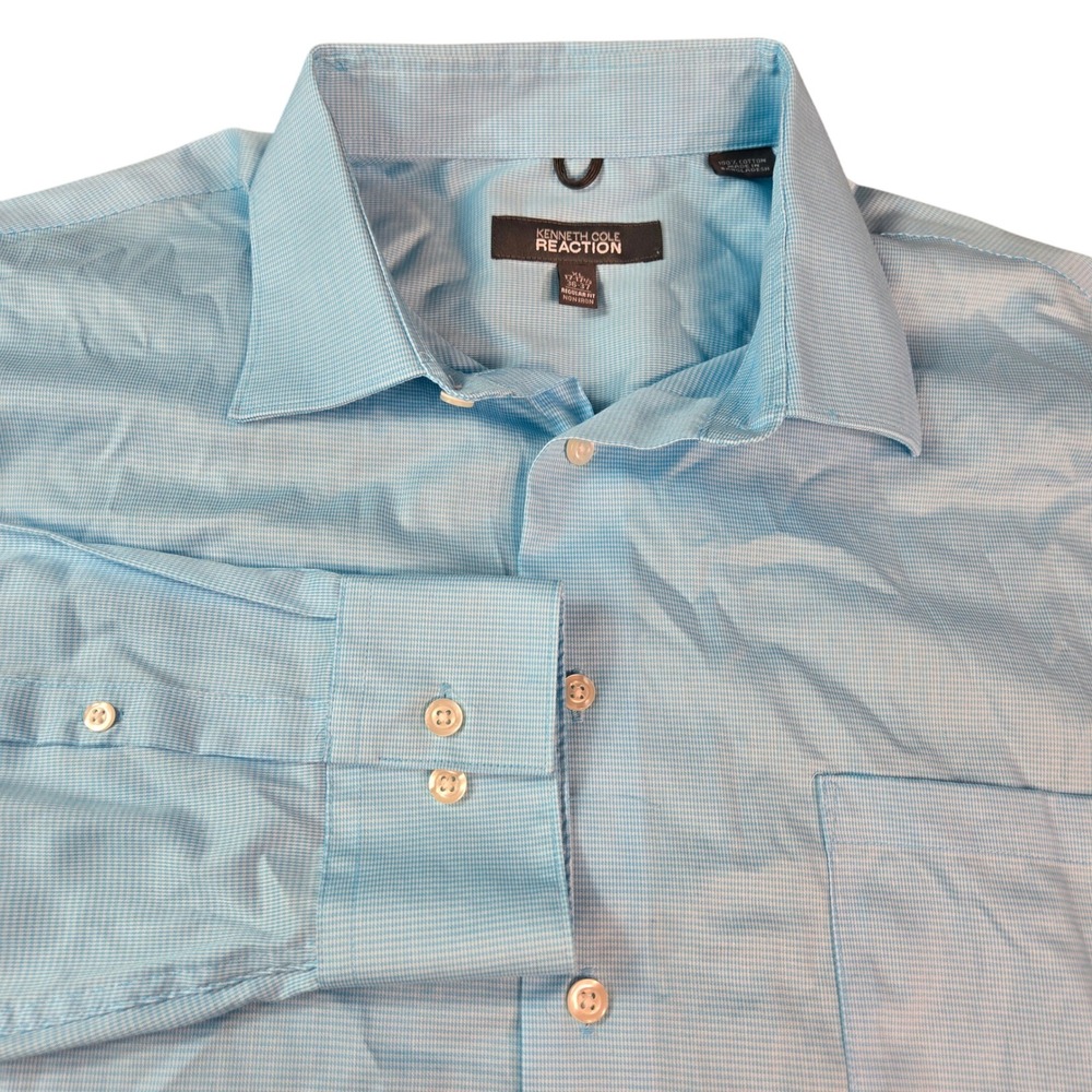 Kenneth Cole Reaction Mens Size XL 17-17.5 36-37 Blue Micro Check Non-Iron Shirt